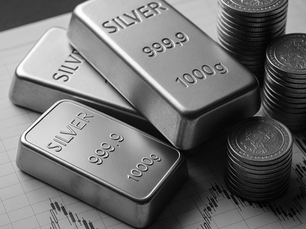 A black and white image showing three stacked silver bars engraved with “SILVER 999.9 1000g” alongside neatly arranged silver coins on top of a candlestick financial chart.