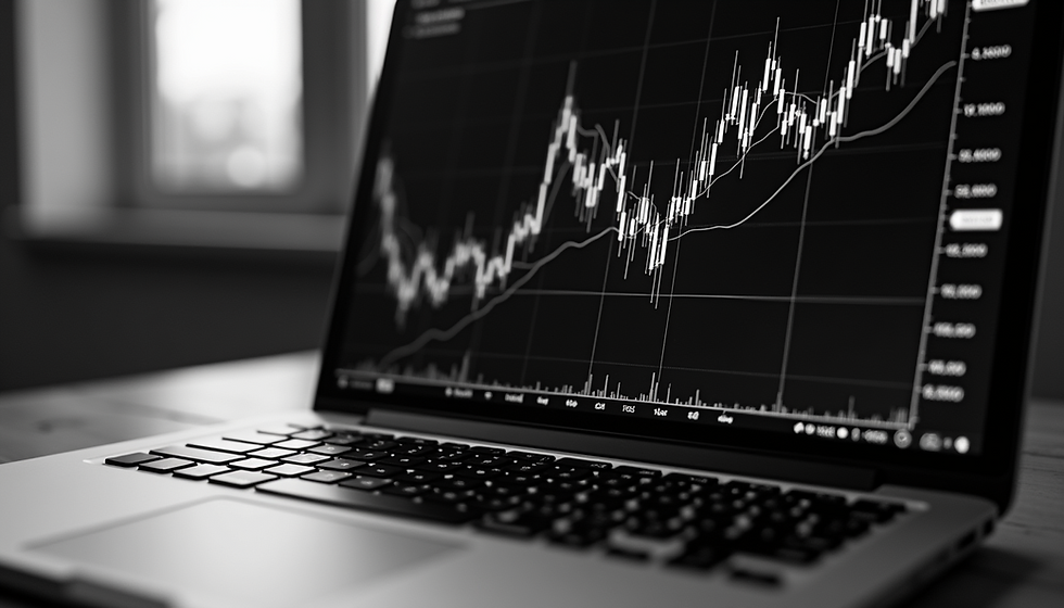 Eye-level view of a laptop screen showing a trading chart with clear indicators