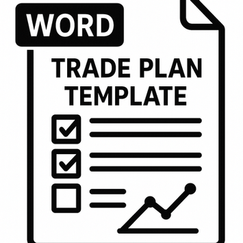 Black and white icon of a Word document symbolizing a trading plan template with checklist and chart elements.