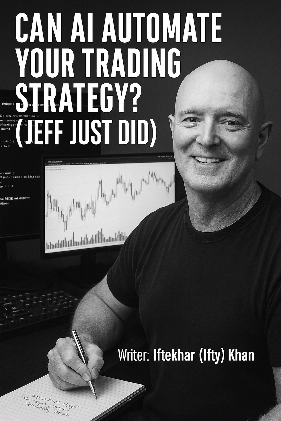 Jeff smiling, holding a pen near a notebook, with trading charts on monitors. Text: "Can AI automate your trading strategy?"