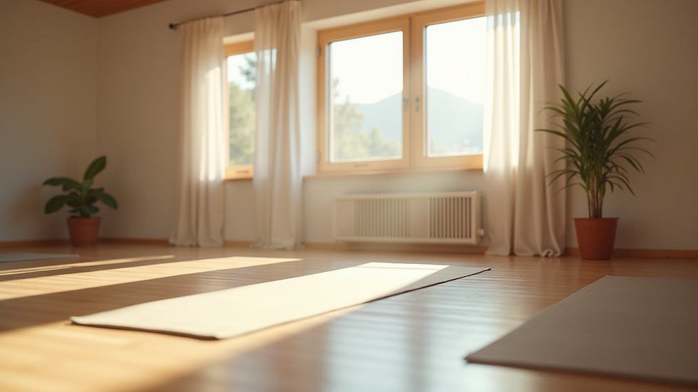 Eye-level view of a serene yoga studio with natural light