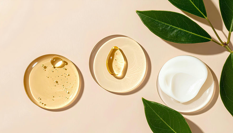 Skincare products on cream background: clear serum, gel, and white cream in glass dishes, with green leaves. Minimalist and fresh.