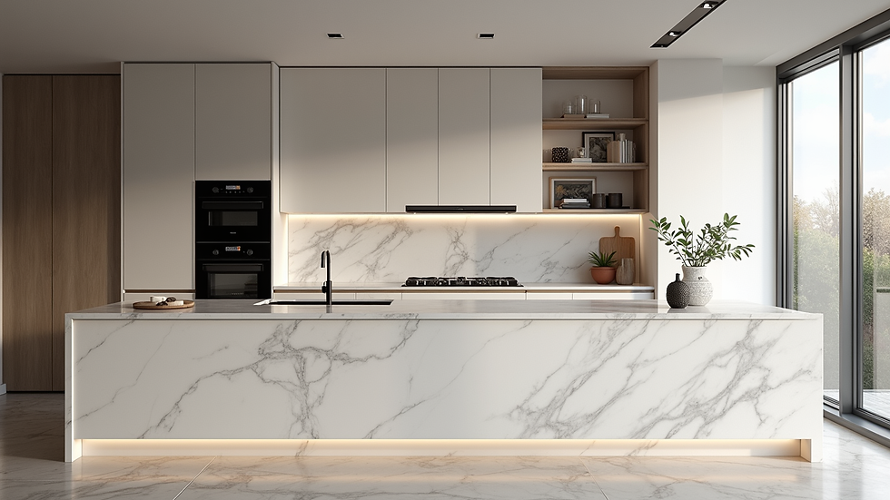 Wide angle view of a luxury kitchen with marble countertops and modern appliances