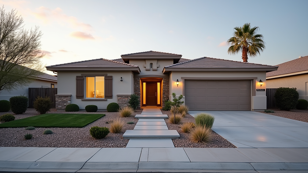 Eye-level view of a modern single-family home in a Henderson neighborhood