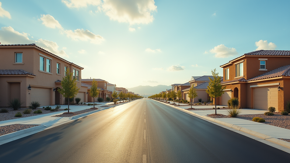 Wide angle view of a Las Vegas residential street with new homes and clear skies