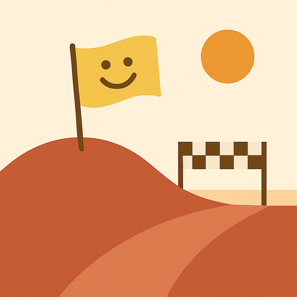 Yellow smiley flag on red hills, checkered finish line, and orange sun in pale sky. Minimalistic and cheerful design.