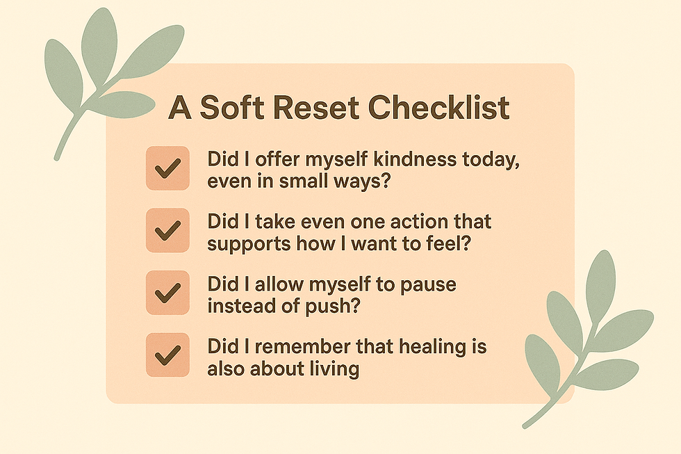 Checklist titled "A Soft Reset Checklist" with leafy designs. Includes self-care questions and checkmarks, set on a beige background.