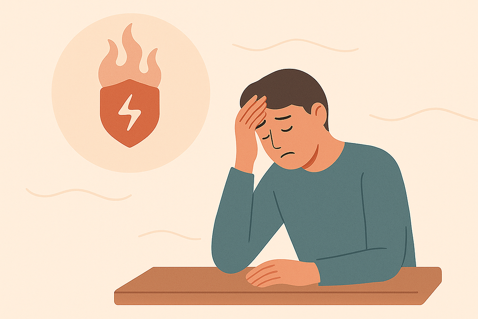 Man with hand on forehead, looking stressed at a table. Flame and bolt icon in background. Beige and teal tones convey worry.