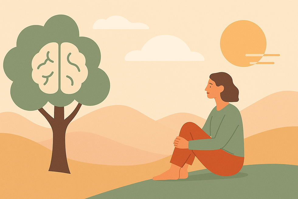 Woman sitting on green hill, smiling in a peaceful desert landscape. Tree resembles a brain. Sun and clouds in the background.