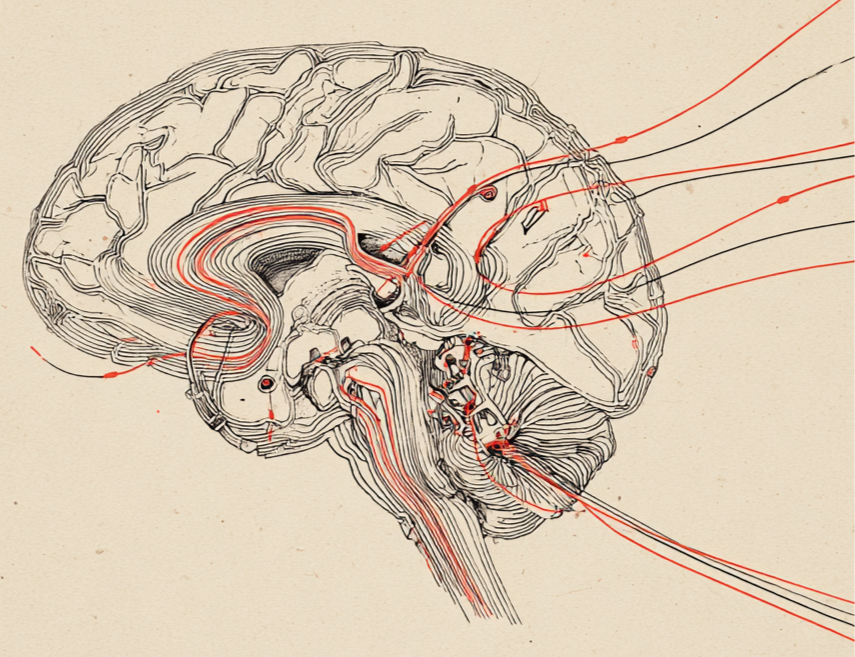 Abstract conceptual illustration of a brain with radiating signal lines.