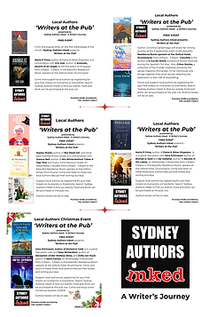 Writers at the pub Photo Collage of Sydney author inked events for 2025 up to Dec.