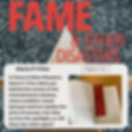 Fame & Other Disasters by Maria P Frino social media post. Background in part of front cover of book - black/grey mottled box with title and author name is bold red text. Hollywood star with cracks in it in brown, gold & cream.