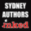 Sydney Authors Inked logo. A black background with Sydney Authors in bold white text and inked in bold red text outlined in white. The 'i' is slanted towards the 'n' and has a white ink blot on top.