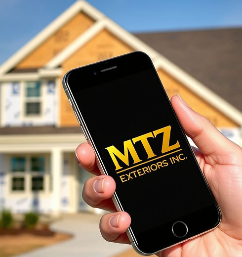 hand holding a cell phone with MTZ Exteriors Inc in gold lettering on the screen and a hou