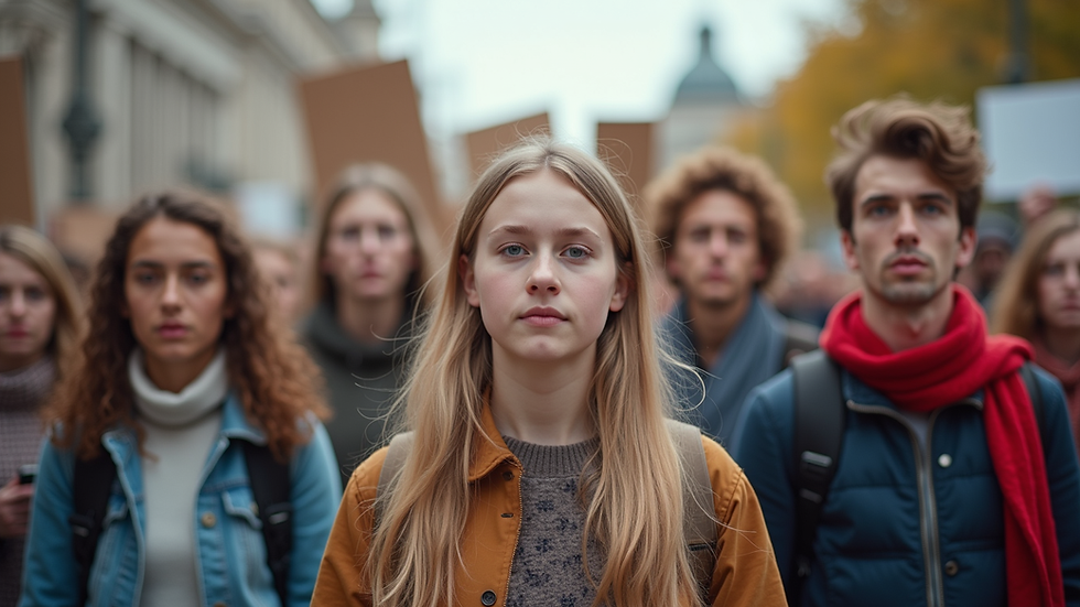 Eye-level view of a group of young activists holding signs at a rally