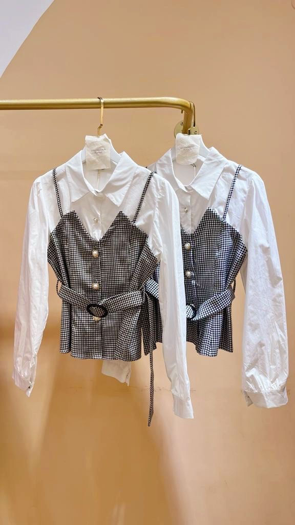 Houndstooth Bifabric Shirt with Pearl Buttons