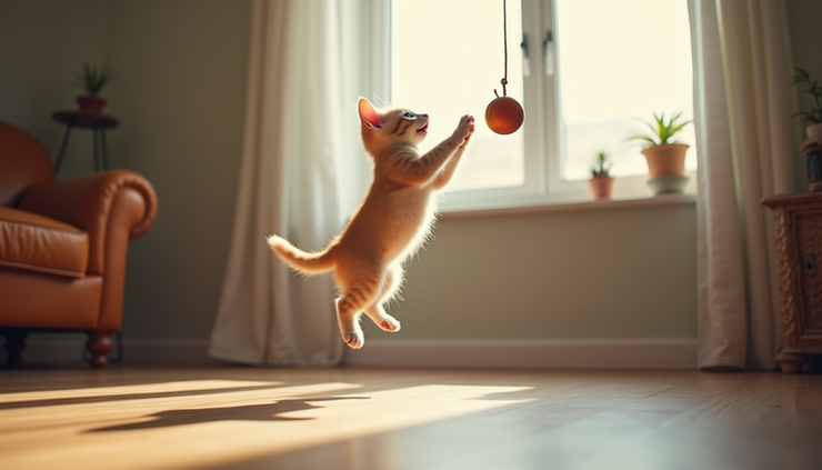 Eye-level view of a playful kitten leaping mid-air towards a dangling toy