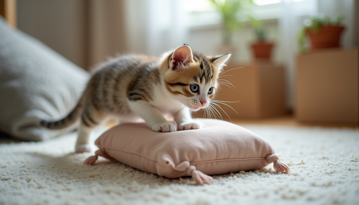 Close-up view of a kitten carefully navigating a small obstacle course made of cushions and boxes