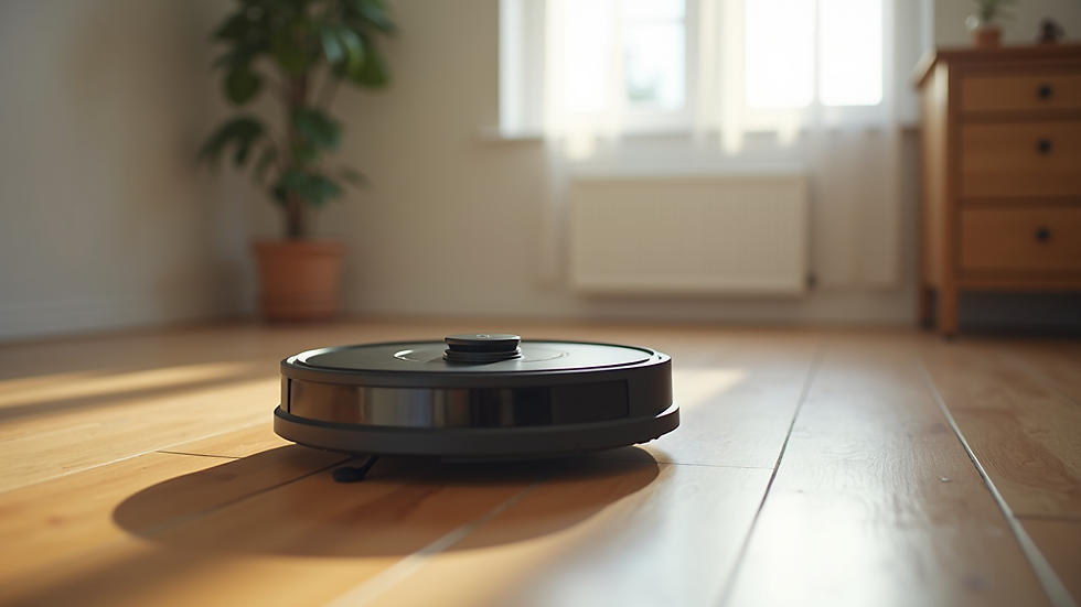 Close-up view of a robot vacuum cleaning a hardwood floor