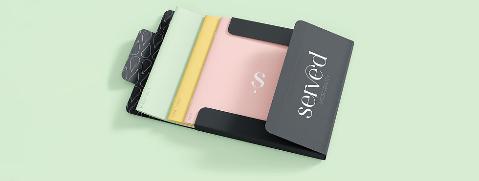 Vibrant brand identity and Brochure Folder for Serve'd Hospitality, logo and print design by Puremuse Studio