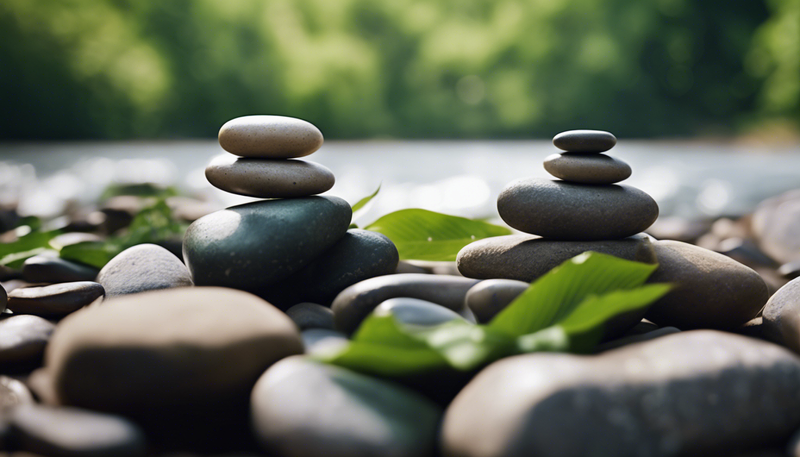 two stacks of rocks with green leaves in the background