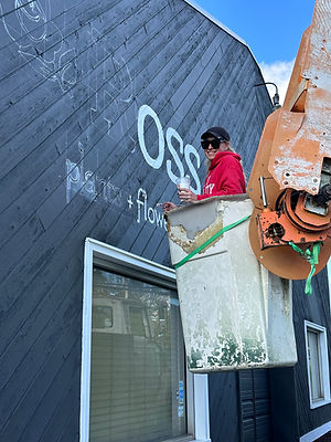 Mairin painting in a bucket truck