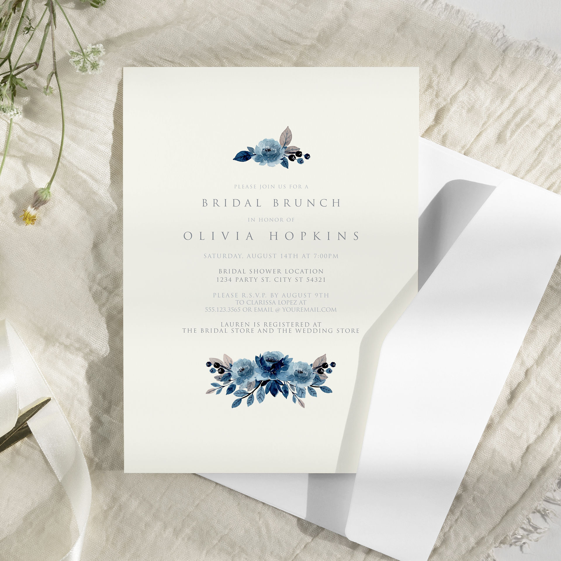 Elegant Blue Floral Invitations