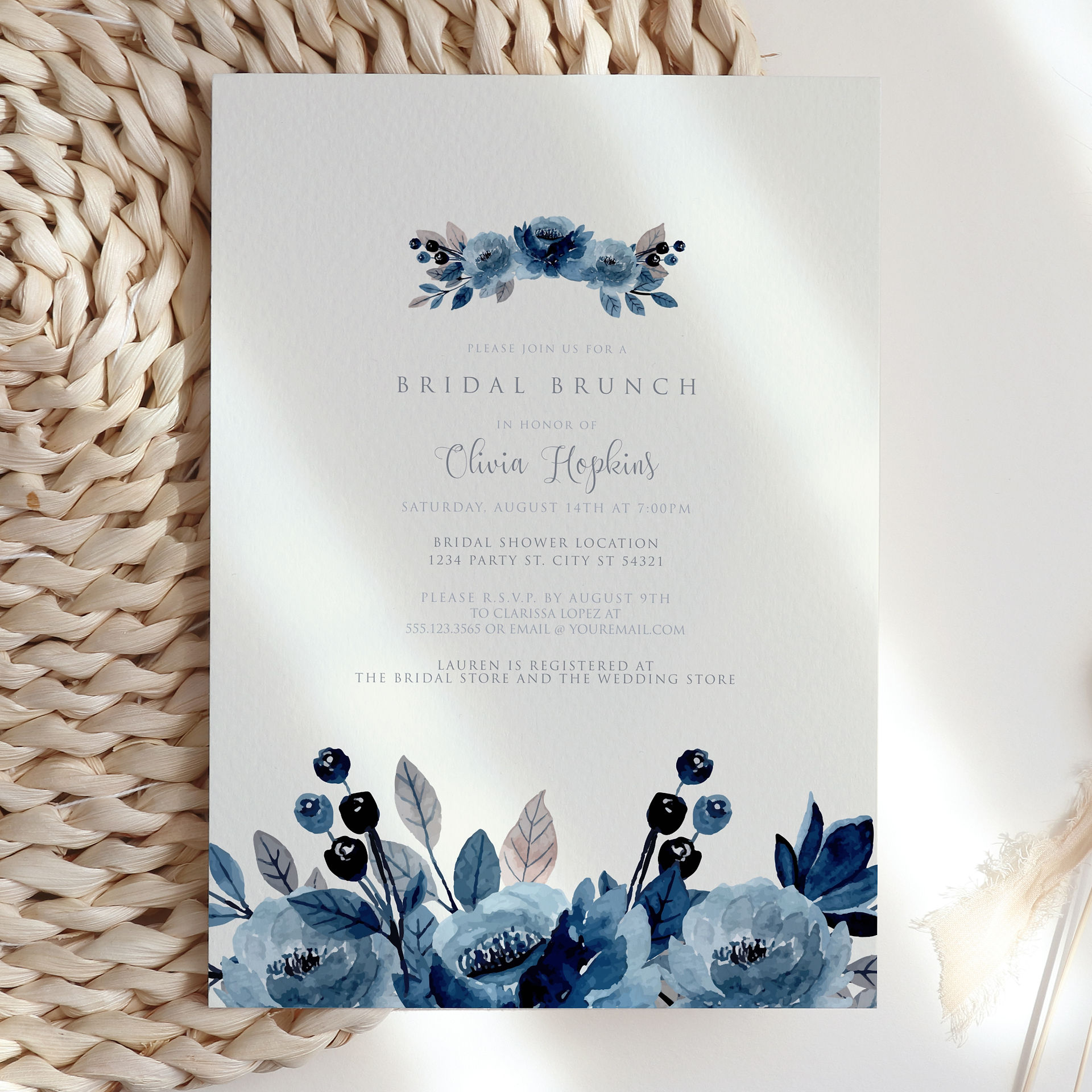Navy Blue Bridal Brunch Invitations
