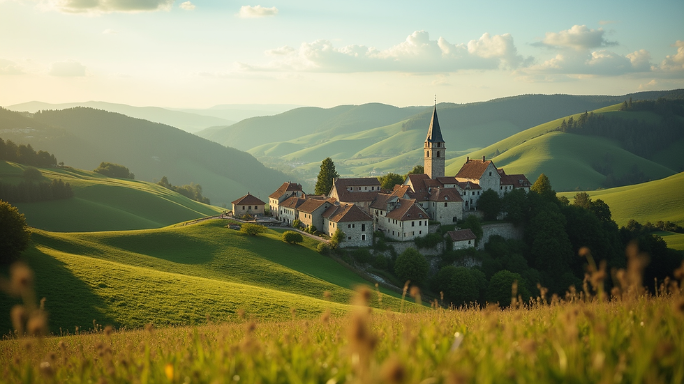 Eye-level view of a scenic European landscape with rolling hills and a quaint village