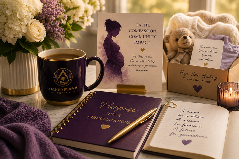 Purple Aligned Purpose Agency mug and journal beside baby essentials, flowers, and maternal artwork, representing the Virtual Community Baby Shower, maternal support, faith, community impact, and The Purpose Journal.