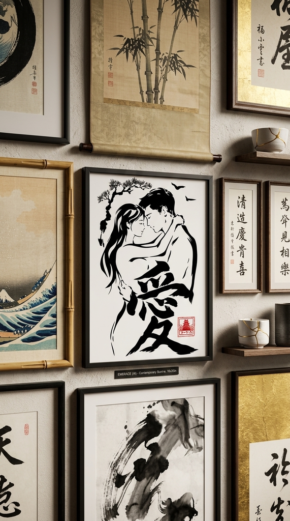 gallery wall of framed Japanese-inspired art and calligraphy, central black-and-white illustration of a couple embracing with large kanji character, warm neutral wall, portrait ratio