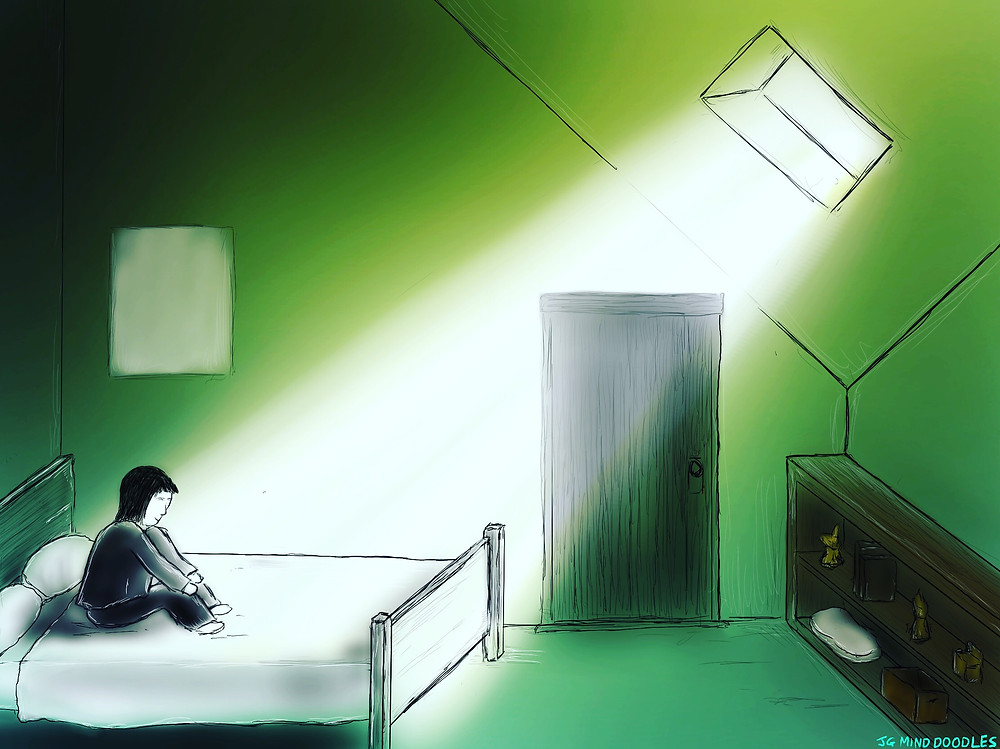 Anxious, depressed figure sits on bed bathed in light from a window