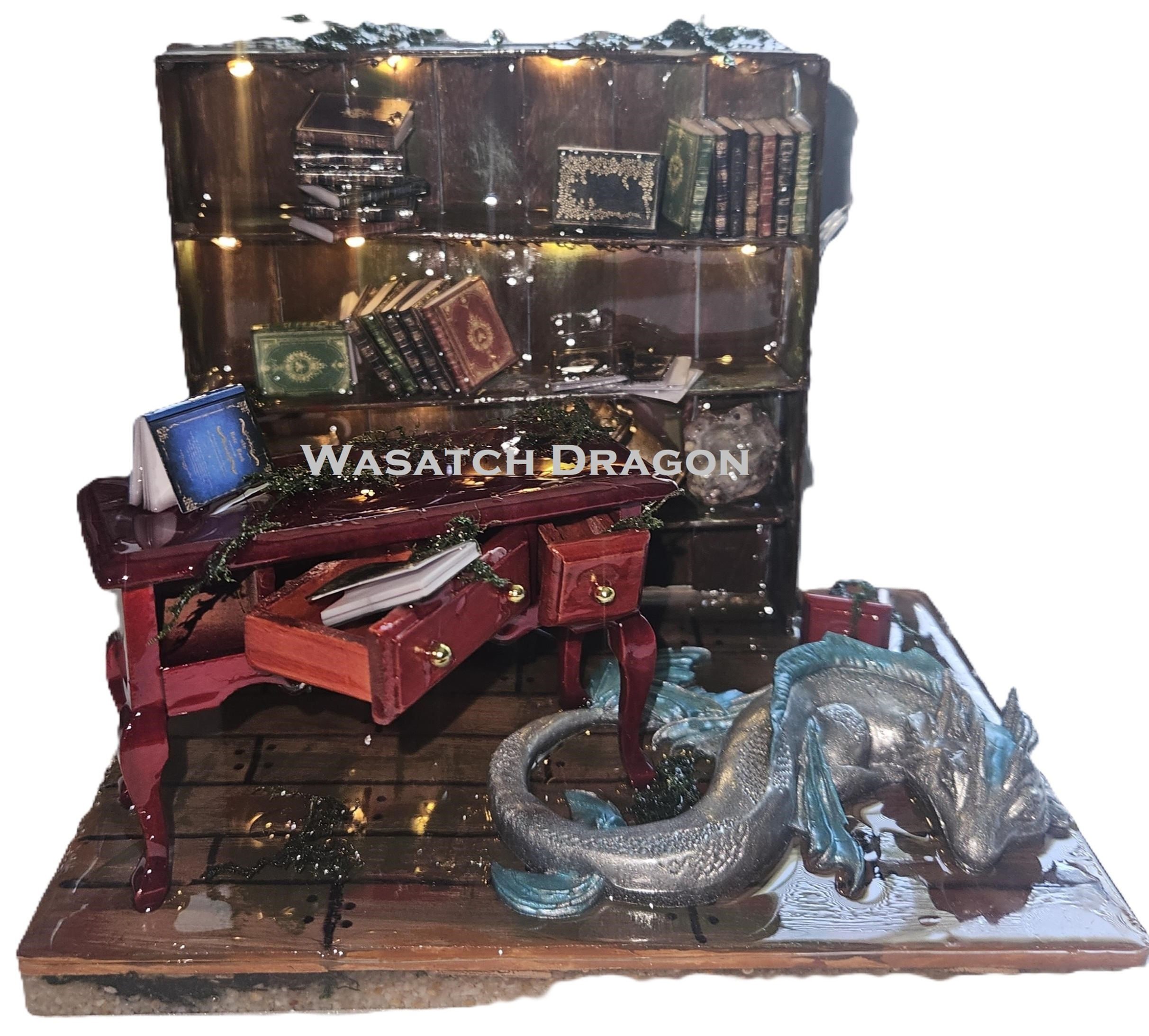 Dragon in Library - with Fairy Lights