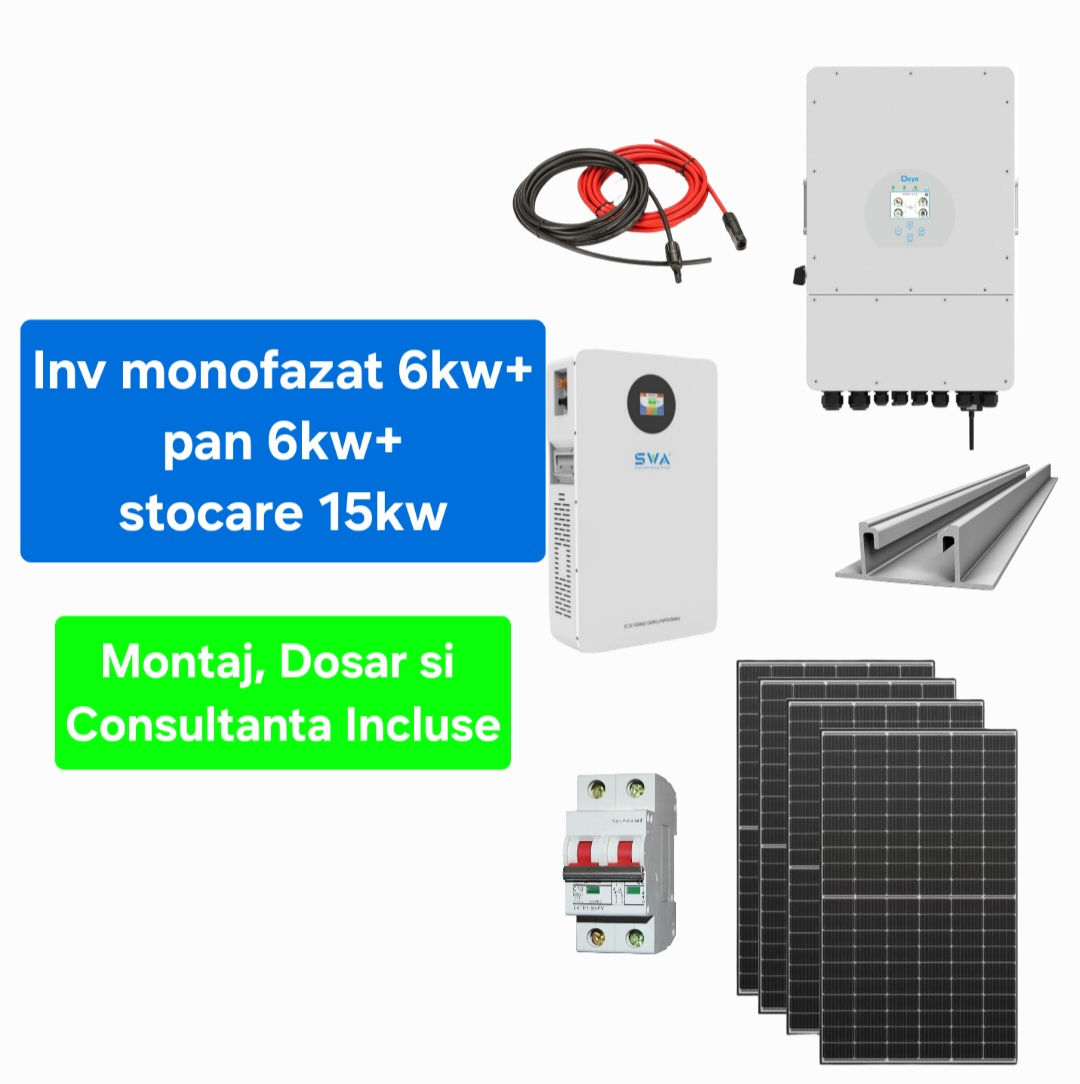 Sistem complet fotovoltaic 6 kw panouri+ 6 kw monofazat + 15 kw stocare