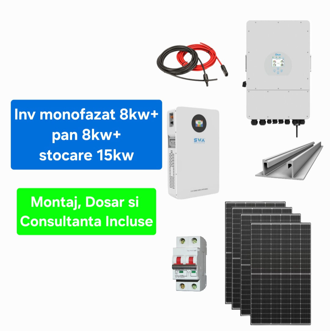 Sistem complet fotovoltaic 8 kw panouri+ 8 kw monofazat + 15 kw stocare