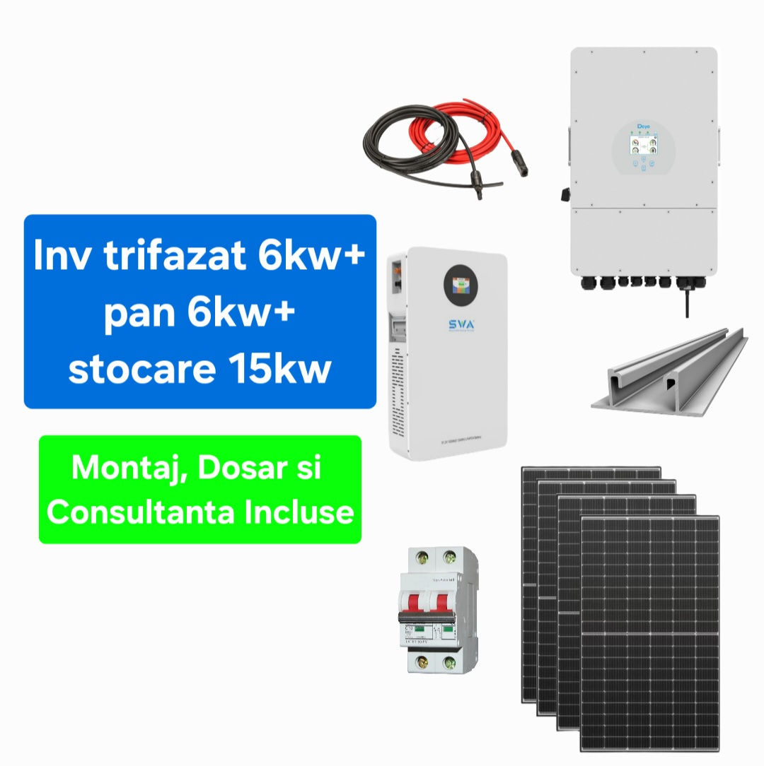 Sistem complet fotovoltaic 6 kw panouri+ 6 kw trifazat + 15 kw stocare