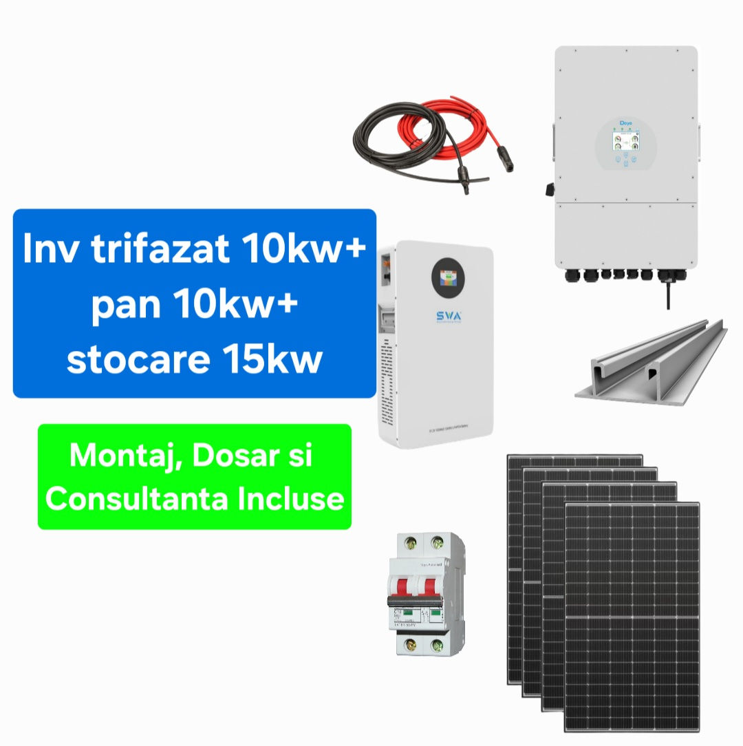 Sistem complet fotovoltaic 10 kw panouri+ 10 kw trifazat + 15 kw stocare
