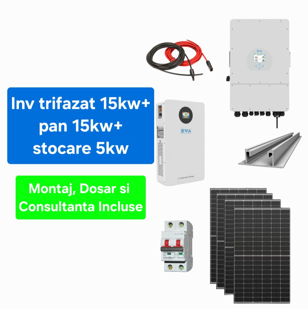 Sistem complet fotovoltaic 15 kw panouri+ 15 kw trifazat + 5 kw stocare