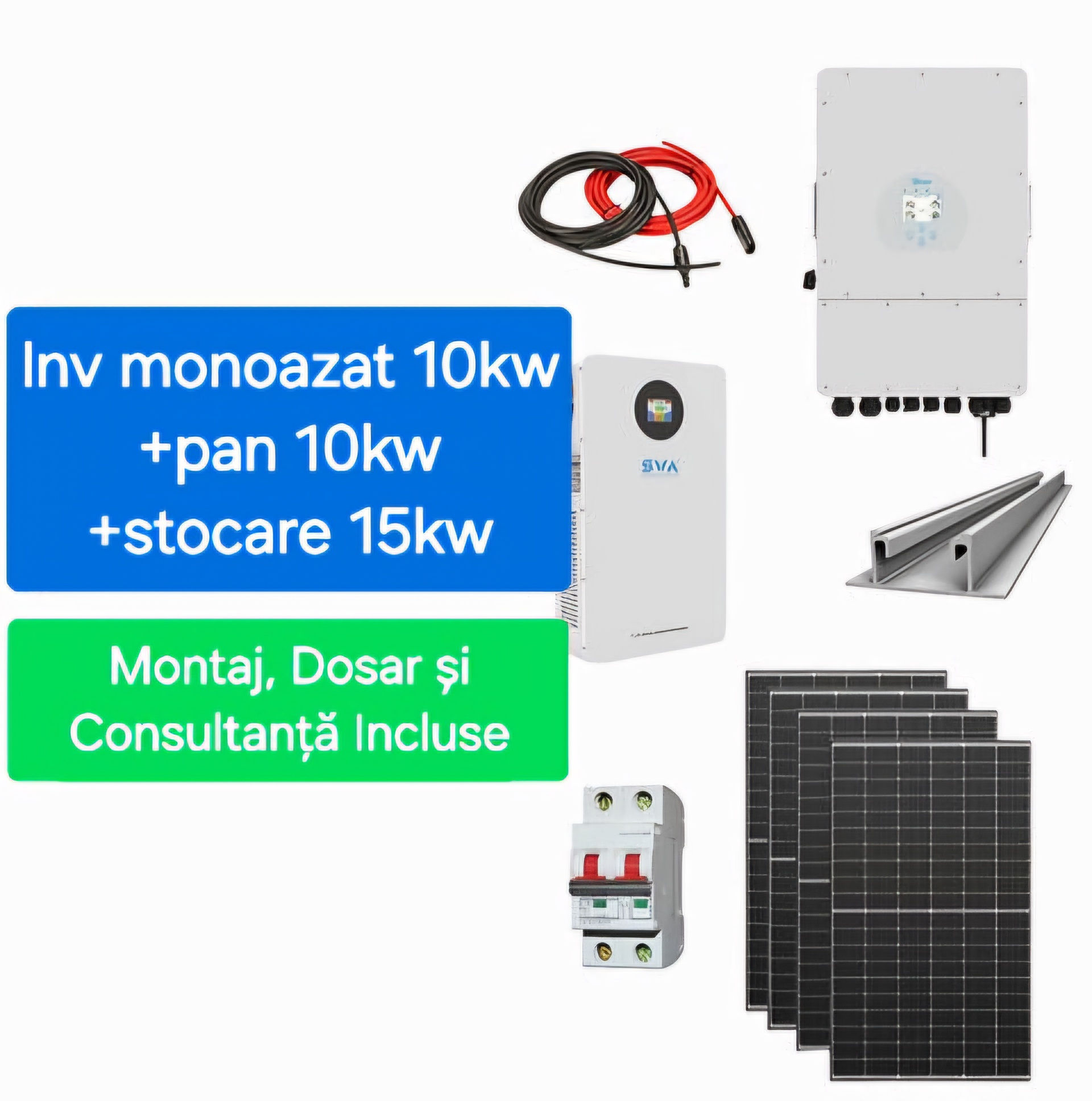 Sistem complet fotovoltaic 10 kw panouri+ 10 kw monofazat + 14,33 kw stocare