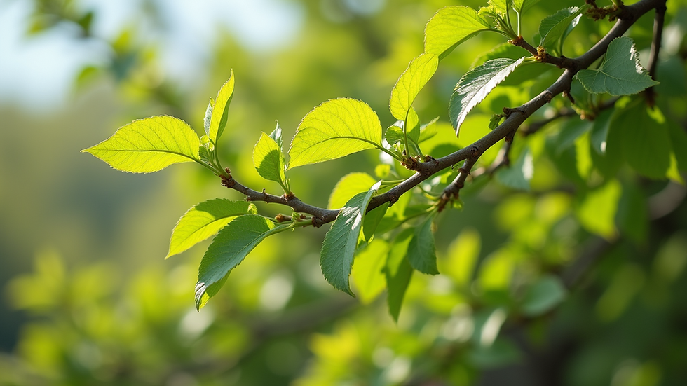 Eye-level view of a healthy tree with fresh green leaves in spring