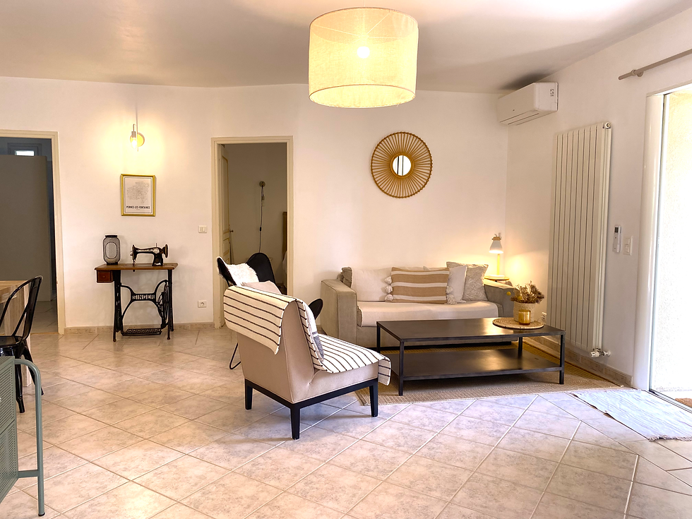 Salon, accès chambre côté parking et salle d'eau commune à gauche