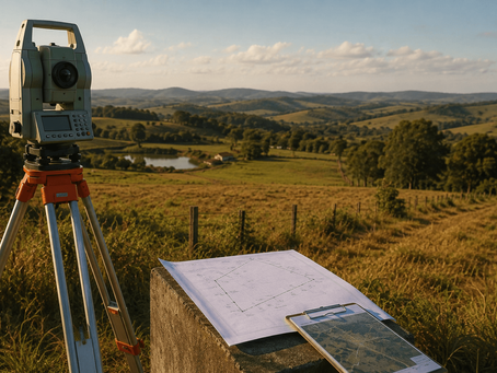 Equipamento de topografia realizando levantamento técnico para regularização de imóveis em Palmeira das Missões, RS.