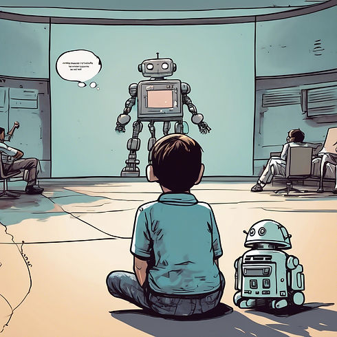 A kid sitting their back towards the audience looking up on a thought bubble with a cool r