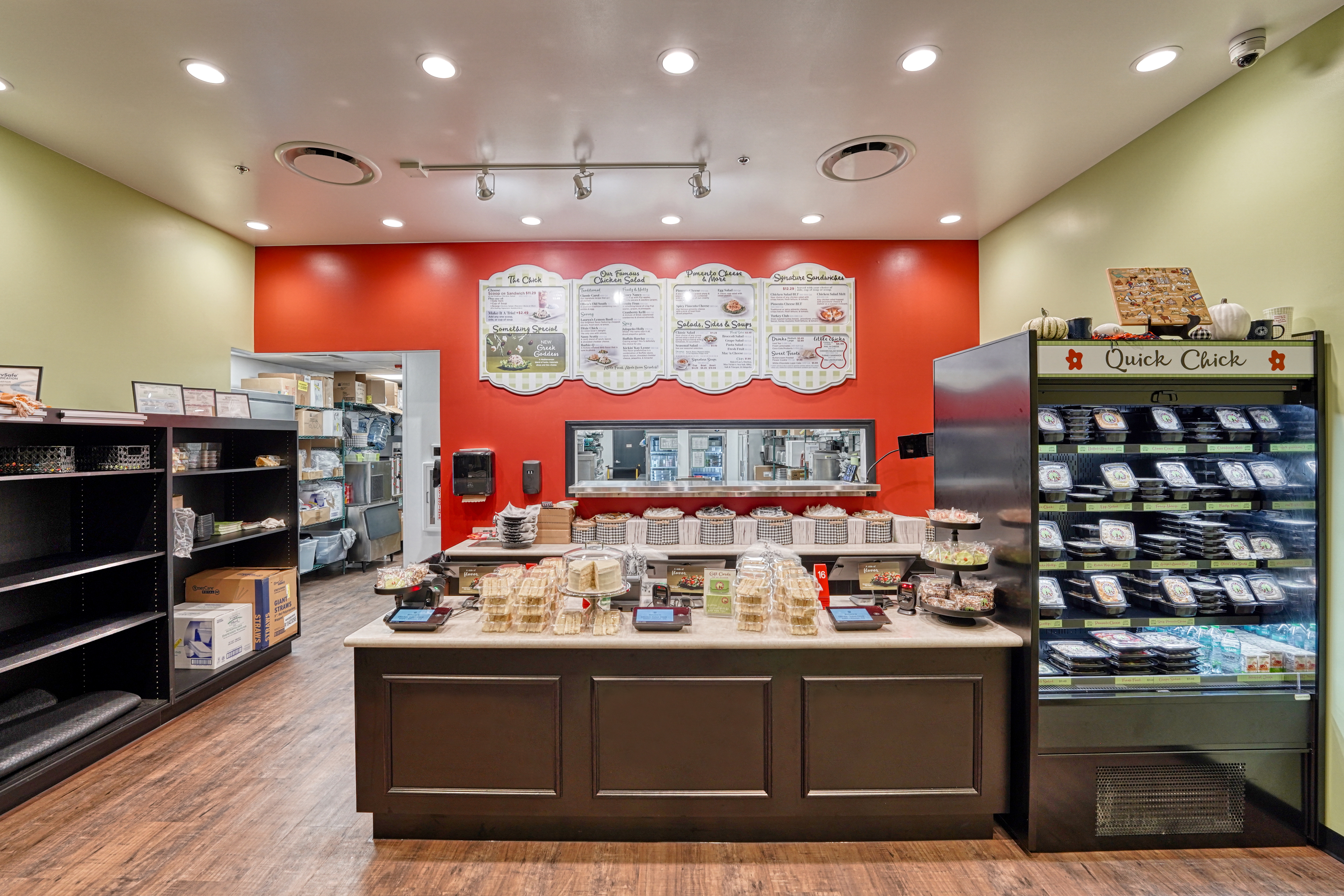 Chicken Salad Chick Aspen Grove finished service counter with recessed lighting
