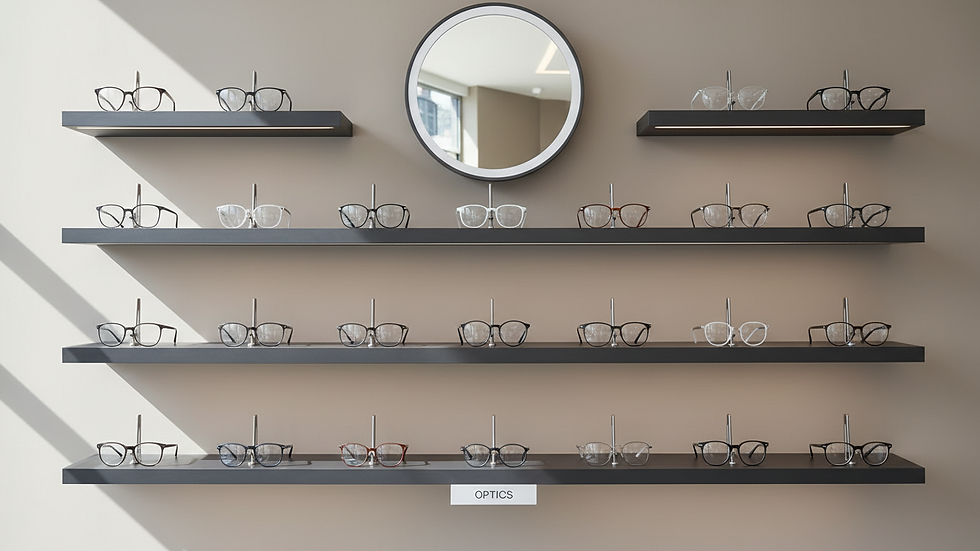 Eye-level view of optical glasses display with various frame styles