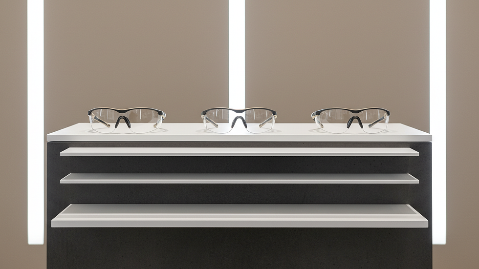 Close-up view of safety glasses on display in an optical store