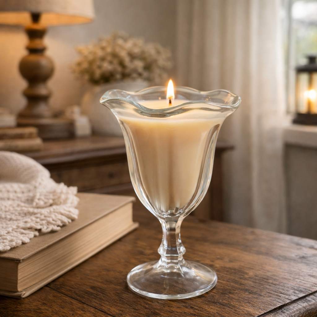 Vintage Clear Glass Dessert Cup Candle – Scalloped Pedestal Candle