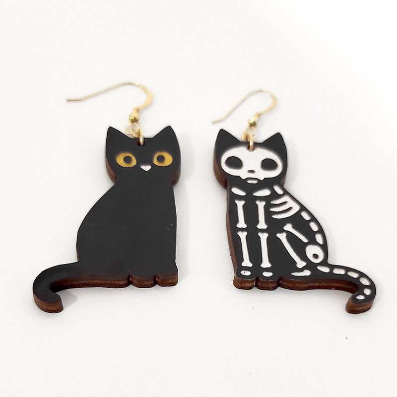 Thumbnail: Personalized Black Cat Skeleton Cat Halloween Wood Stud Earrings