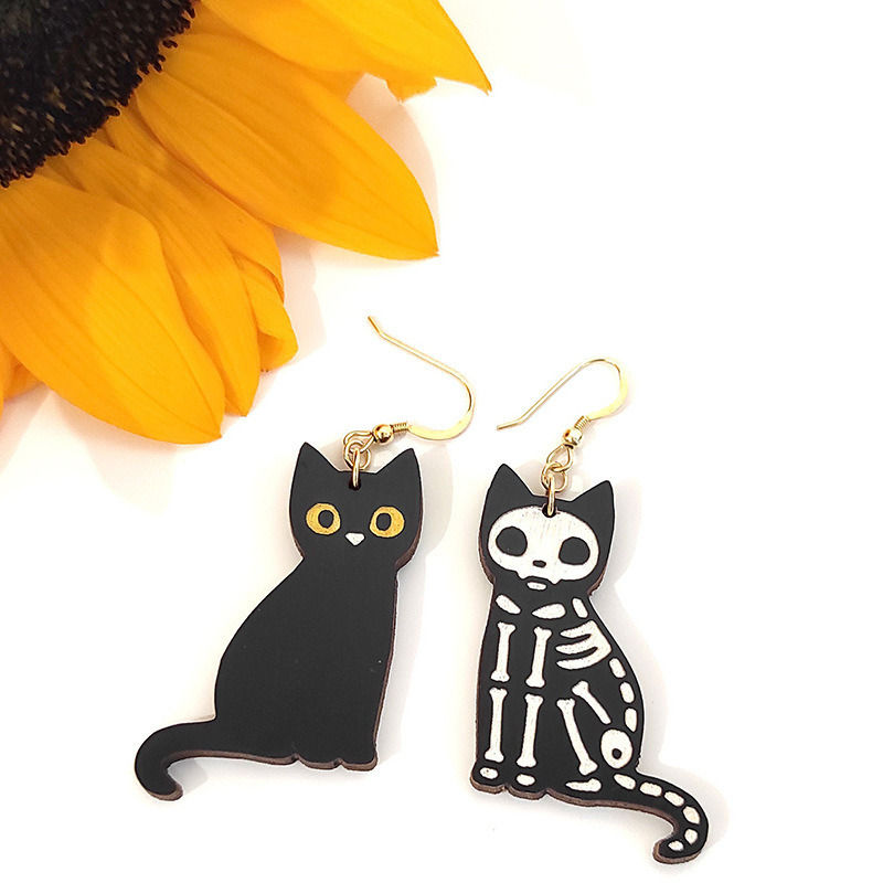 Thumbnail: Personalized Black Cat Skeleton Cat Halloween Wood Stud Earrings