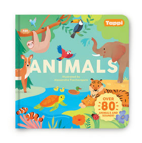 Interactive children’s book illustrated by AlePsaca (Alessandra Psacharopulo) for Tappy Books USA, featuring colorful animals and over 80 sounds